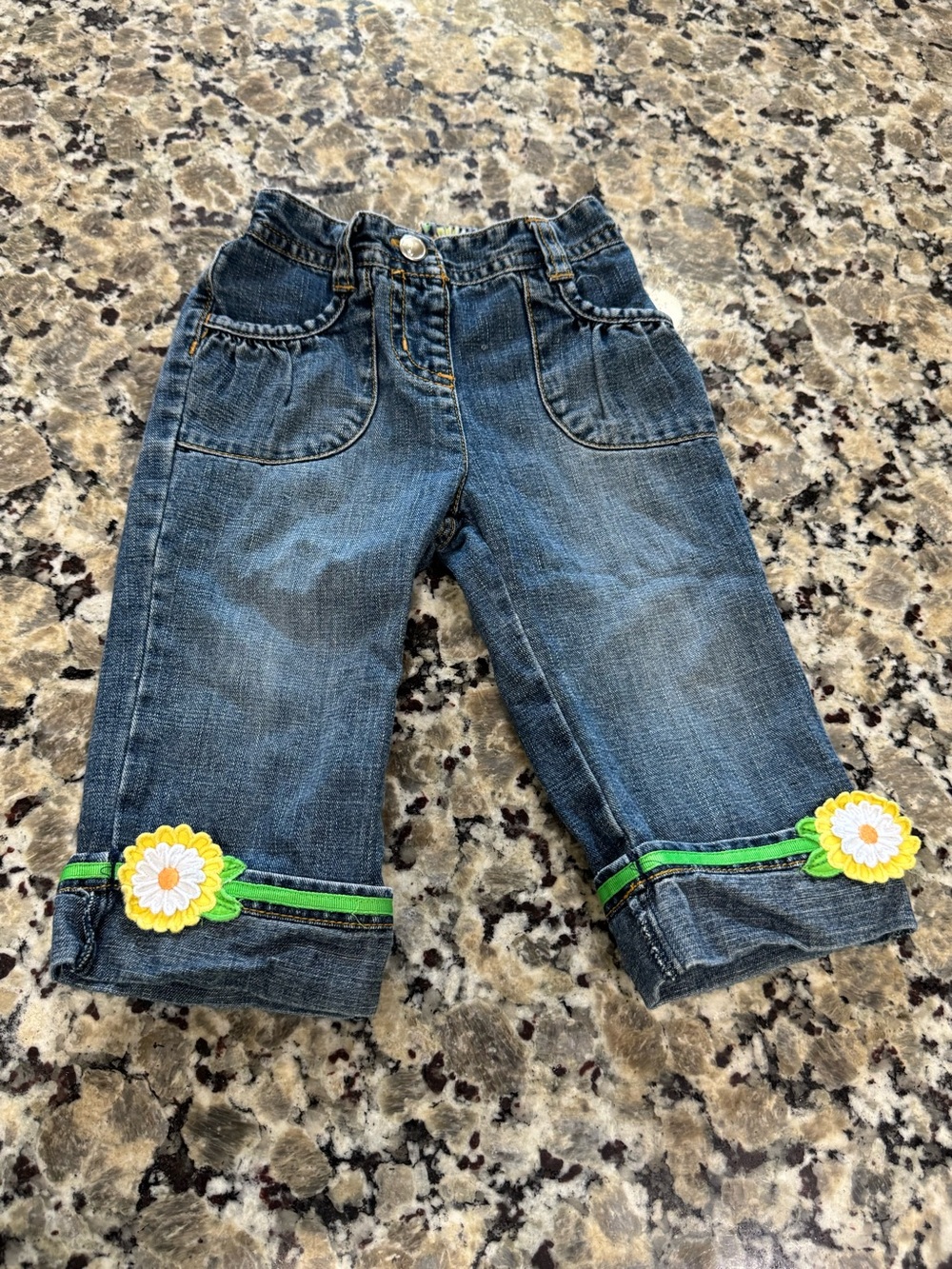 Gymboree Blue Denim Jeans with Green Ribbon & Yellow Flower Applique 12-18 M